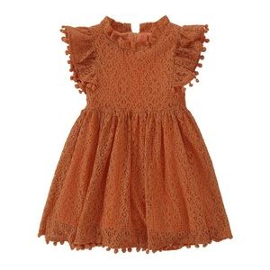 Lace Pom Pom Flutter Sleeve Princess Dress- Brick Red/Orange- 3T